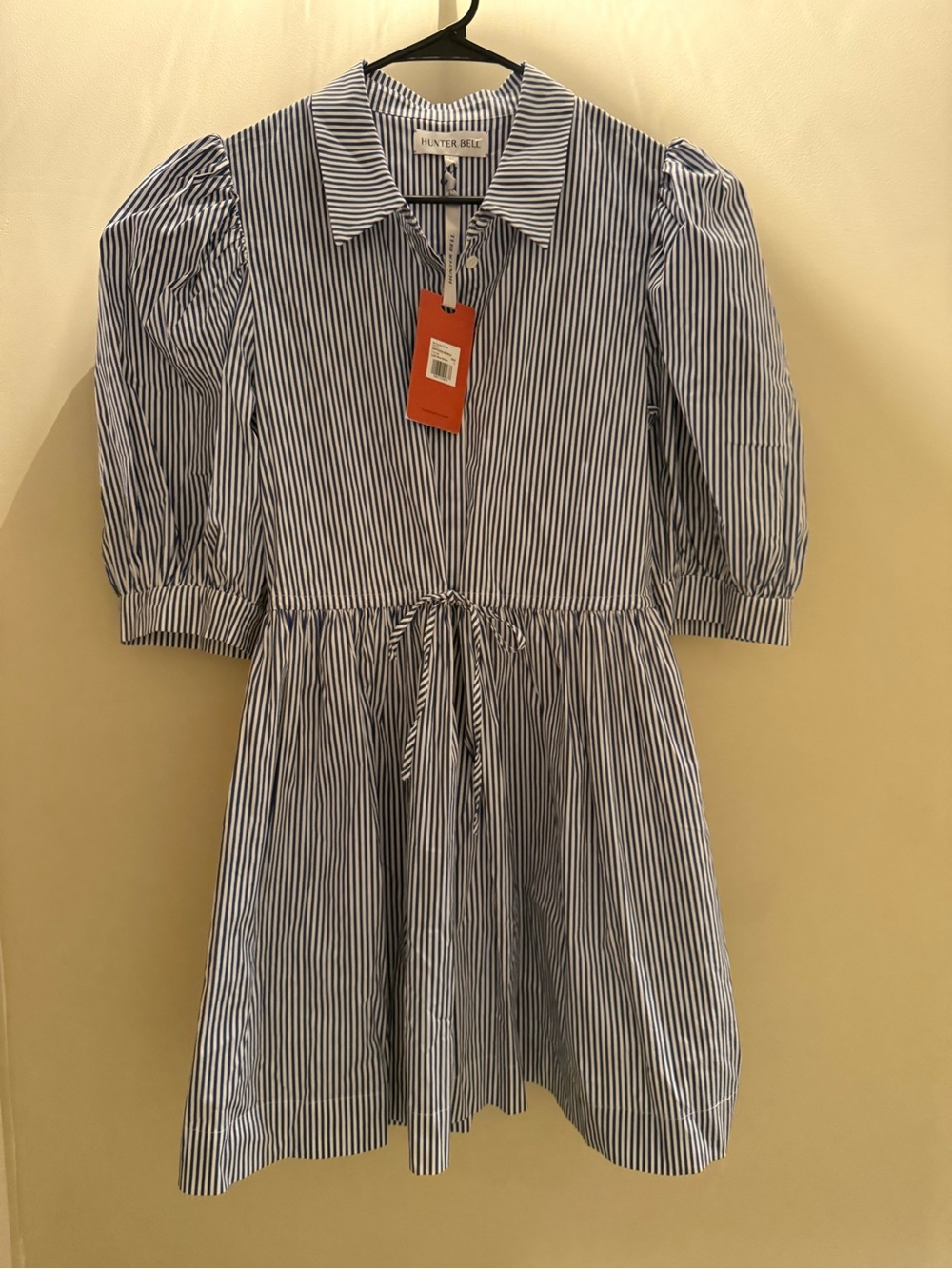 HUNTER BELL Blue and White Striped Cotton Poplin Dress with Tie Waist